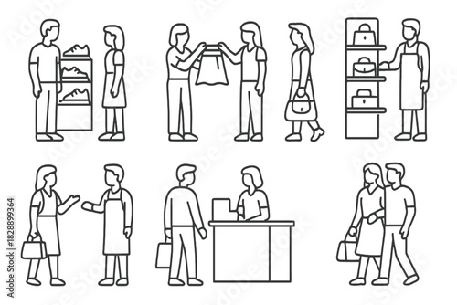 Retail store interactions with customers, sales staff, product browsing, and checkout counter