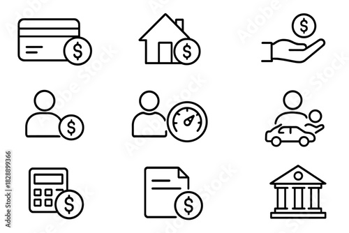 Financial services and banking line symbols for credit, mortgage, loan, and payment