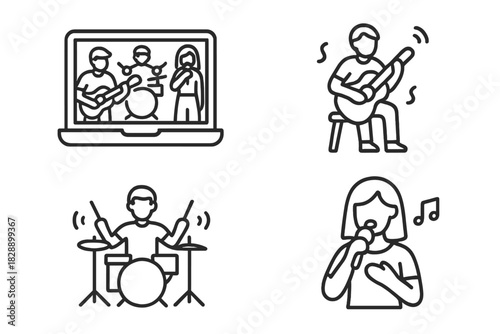 Outline icons of musicians performing virtually, playing guitar, drums, and singing