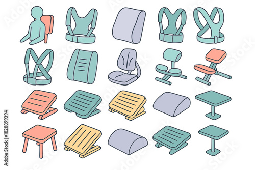 Isometric collection of ergonomic accessories for posture correction including lumbar supports and footrests