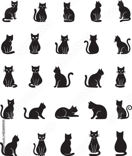 Collection of black cat silhouette icons in various poses