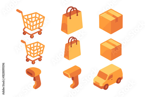 Isometric set of commerce and logistics symbols including shopping carts, delivery boxes, and handheld scanners