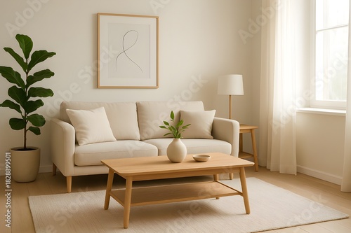 Wallpaper Mural A warm modern living room featuring a beige sofa, indoor plants, framed wall art, and natural lighting for a calm and cozy atmosphere. Torontodigital.ca