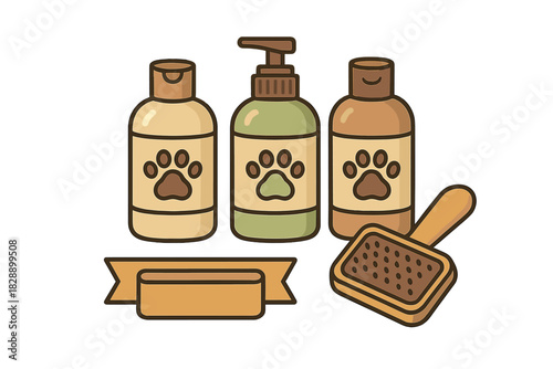 Pet grooming supplies set including shampoo bottles, conditioner, and a brush with paw print labels