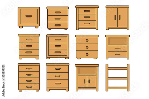 Set of wooden storage furniture pieces: dressers, cabinets, and shelving units