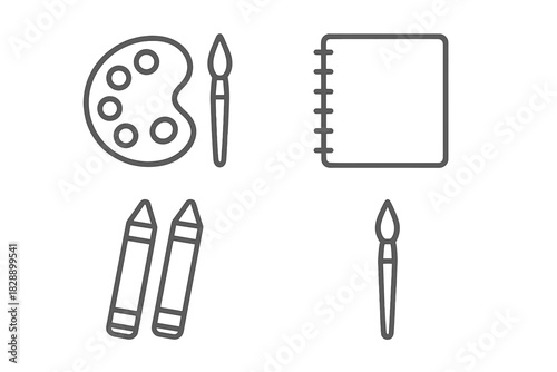 Outline icons set of creative tools: paint palette, brushes, crayons, and drawing pad