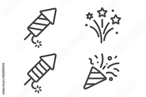 Outline symbols depicting festive rockets, exploding fireworks, and party poppers