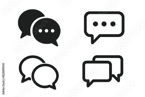 Minimalist black and white icons set of speech bubbles and chat symbols for digital communication interfaces