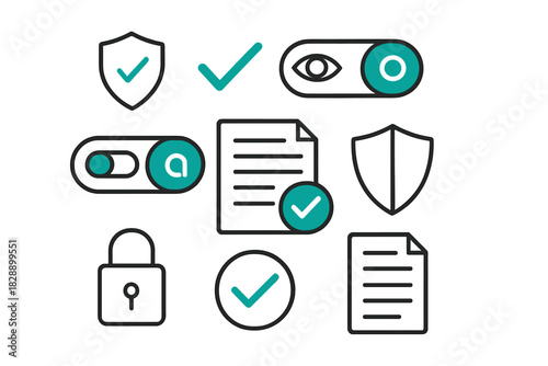 Essential digital security and privacy symbols including shields checkmarks and padlock