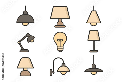 Set of home and lighting fixtures including desk lamps, floor lamps, pendant lights, and a light bulb