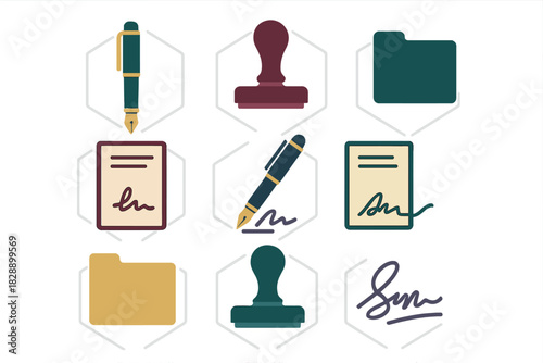 Set of icons representing legal contracts, document signing, and official authorization