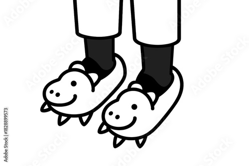 Person wearing comfortable white cartoon animal slippers over dark socks and pants