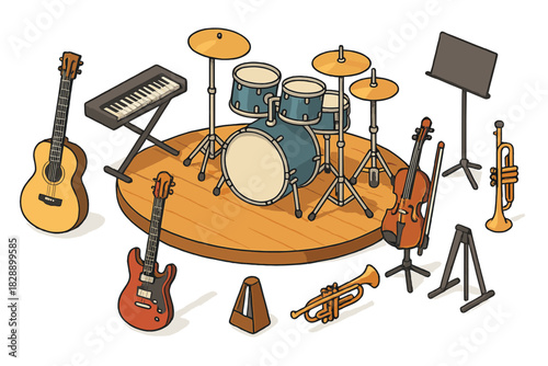 Collection of band and orchestral instruments arranged on a circular wooden stage platform