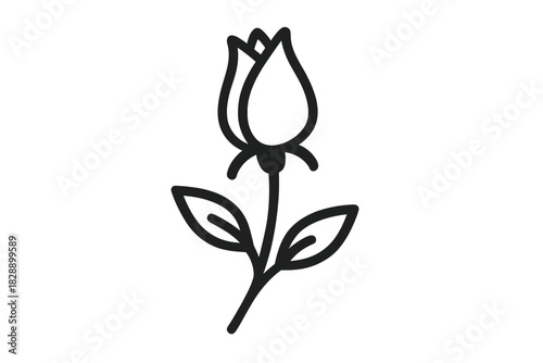 Minimalist black outline of a single flower bud on a stem with two leaves