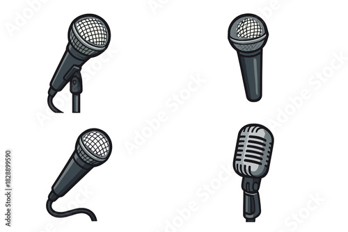 Set of four professional microphones in different styles for singing, broadcasting, and public speaking