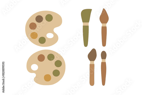 Collection of artist palettes and various paint brushes used for creative painting and artistic projects