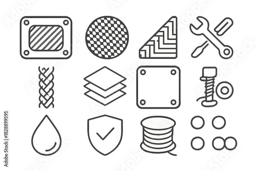 Comprehensive set of line icons representing material properties, engineering, security, and construction elements