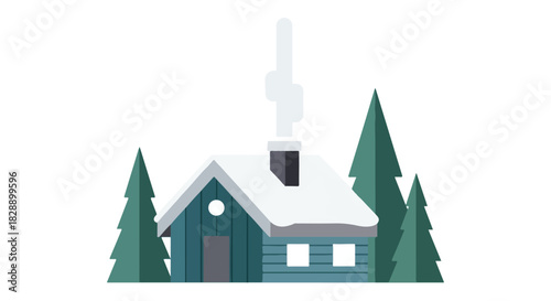 Winter Cabin Scene A Cozy Wooden House Nestled Among Evergreen Trees with Snow on the Roof, 4.eps Concept