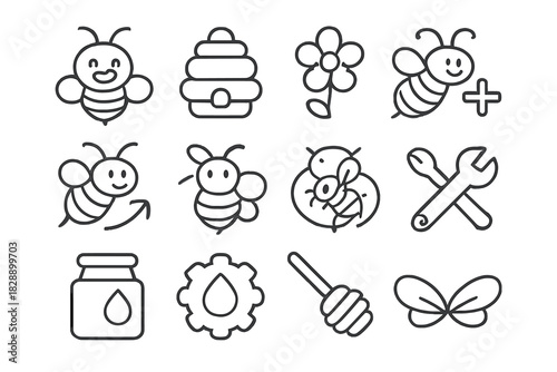 Cute outline icons set featuring bees, honey, beehive, flower, and tools for apiculture or nature concepts