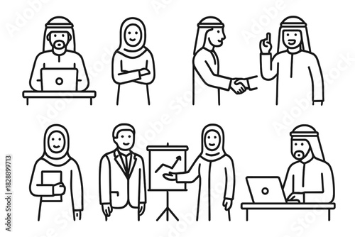 Diverse Arab business professionals showing teamwork, presentation, and work activities