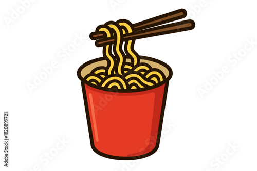 Quick meal of instant noodles in a red paper cup with chopsticks lifting the food