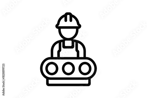 Industrial factory worker icon standing behind a production line conveyor belt