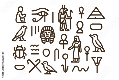 Ancient Egyptian mythology and culture symbols set featuring Anubis, Eye of Horus, Ankh, and Pharaoh icons