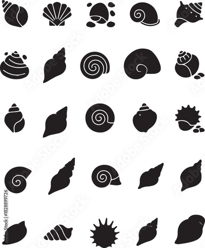 Collection of black silhouette icons representing various seashell shapes