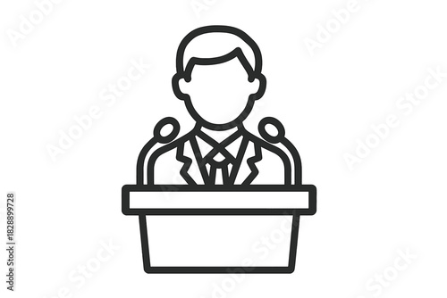 Public speaker or politician giving a presentation at a podium with dual microphones