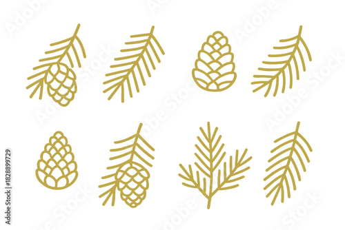 Minimalist golden line art symbols featuring pine cones and evergreen branches