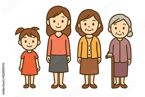 Four generations of women standing together representing different stages of life and aging process