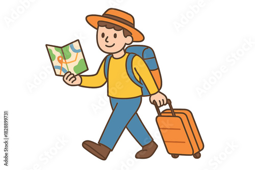 Happy tourist walking with luggage and backpack looking at a folded map