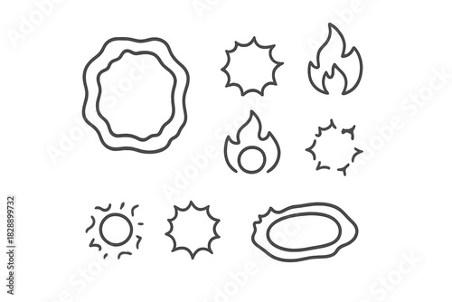 Set of simple line icons depicting fire, heat, energy, and explosion bursts