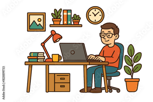 Young man working on a laptop at a cozy home desk surrounded by books and plants