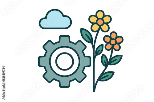 Mechanical cogwheel, blooming flowers, and cloud symbol for sustainable development