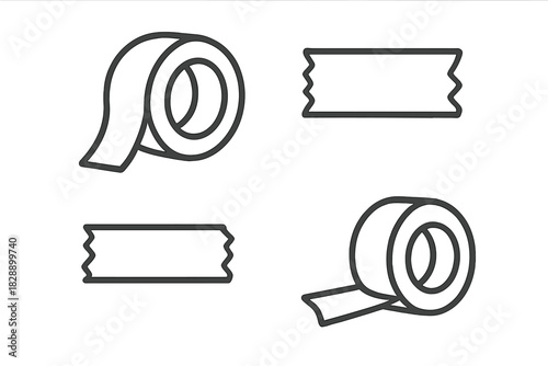 Outline symbols of adhesive tape rolls and jagged torn sticky masking pieces