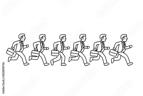 Identical businessmen in suits running in a line carrying briefcases on a white background
