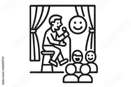 Comedian performing stand-up comedy on stage speaking into a microphone in front of an audience