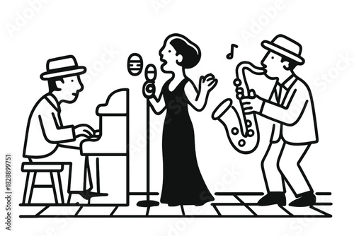 Black and white stylized jazz trio performing live with a female singer, pianist, and saxophonist