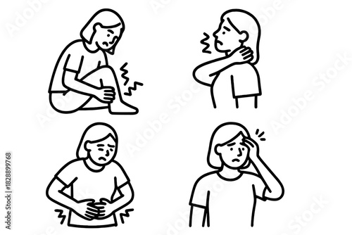 Minimalist line art depicting a person suffering from various types of body pain