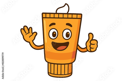 Cheerful orange tube mascot waving and showing thumbs up gesture