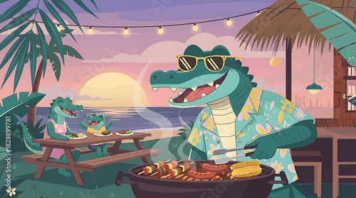 Happy alligator family enjoying a tropical beach barbecue at sunset, grilling food and having fun together on a summer vacation