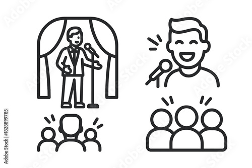 Set of line icons representing public speaking, stage performance, and audience members