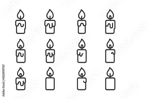 Collection of simple burning candles with melting wax variations and glowing flames