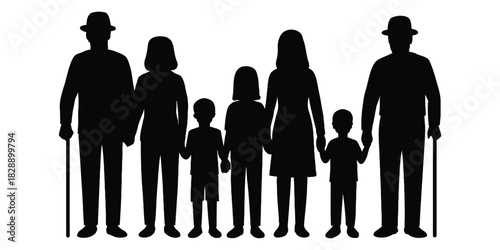 multi generational family standing together icon. Silhouette of multi generational family standing together in unity and support