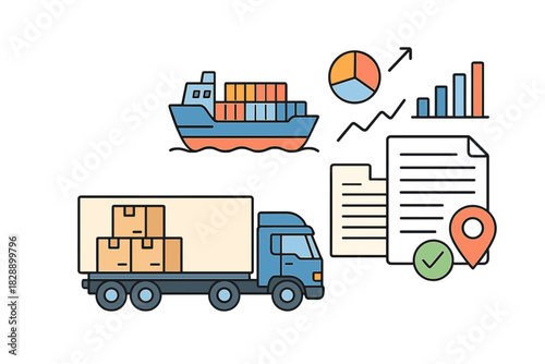 Global logistics and supply chain process featuring transport, tracking, and data analysis