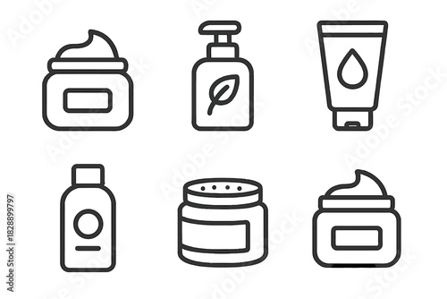 Outline icons of cosmetic products including cream jars, lotion bottles, and tubes