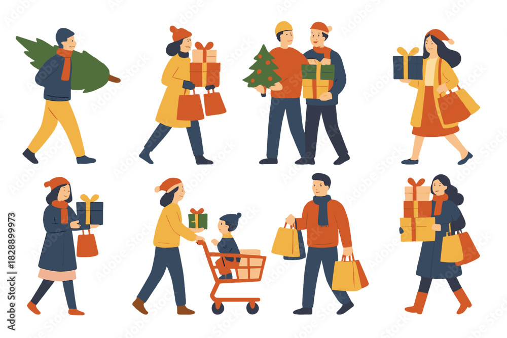 Naklejka premium Collection of diverse people walking and carrying Christmas gifts and trees after holiday shopping