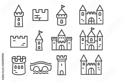 Medieval castle and fortress elements including towers, walls, and ancient bridge structures