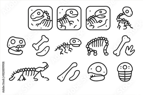 Set of minimalist outline icons featuring dinosaur skeletons and fossil bones